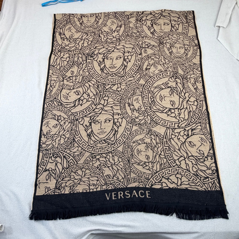 Versace Medusa Head Scarf Black Tan Greek Key Jacquard Reversible Oversized Wrap